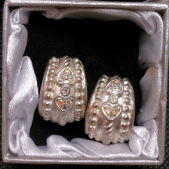 Vintage Sterling Silver Half Hoop Earrings Twisted Rope Heart Crystal Accents - Picture 3 of 15